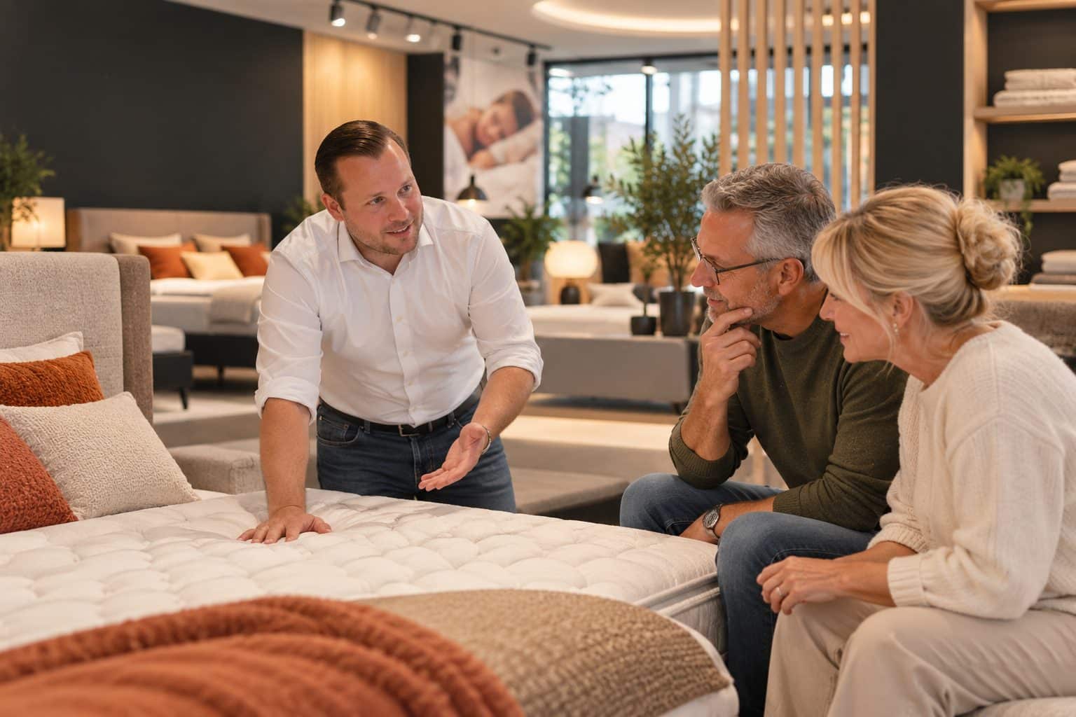 Adviseur legt een matras uit aan een koppel dat aandachtig luistert in de toonzaal
