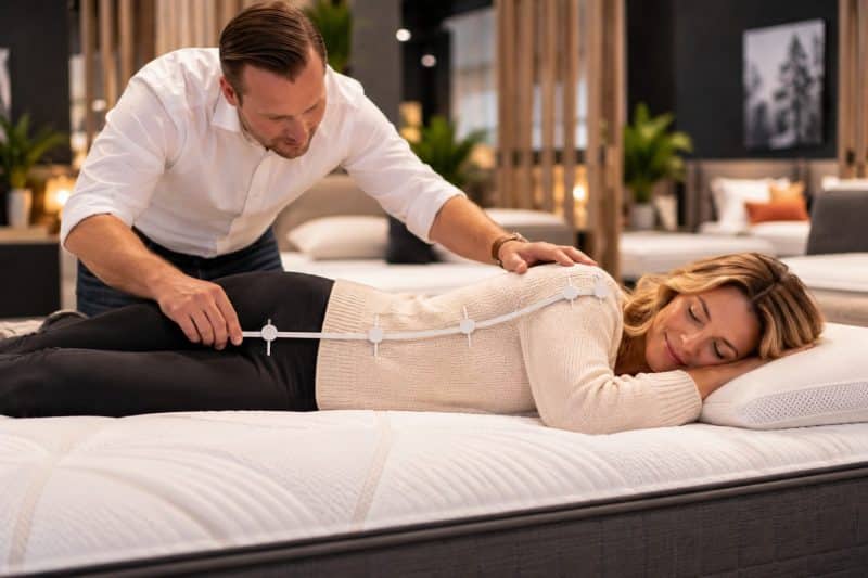 Adviseur meet de ligpositie van een klant die op een matras ligt
