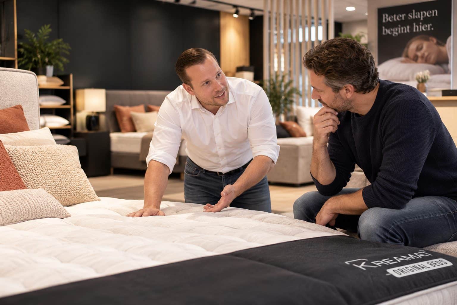 Adviseur en klant voelen aan een Kreamat-matras in de toonzaal