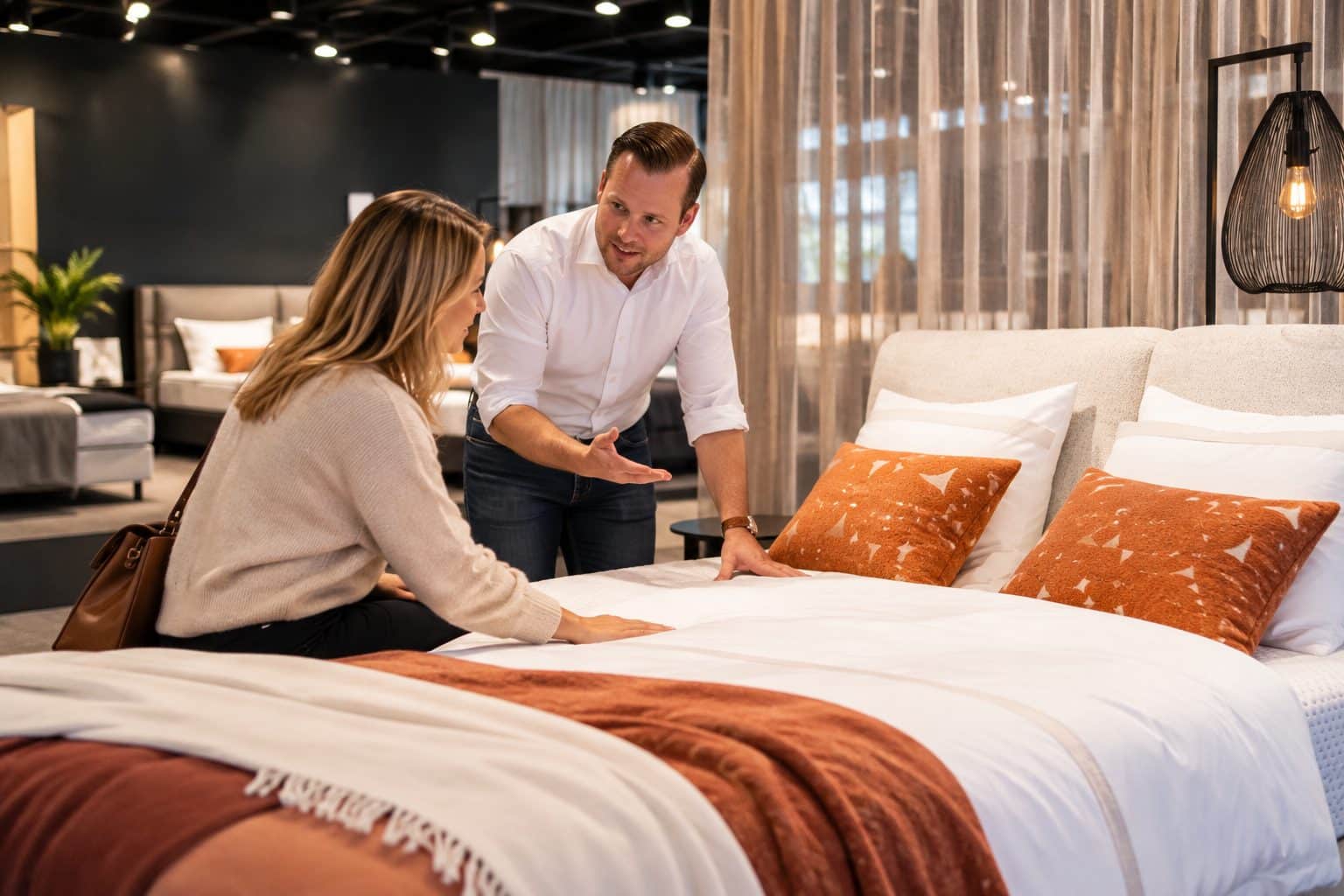 Adviseur van Grisar Slaapcomfort toont een klant een bed met oranje kussens en een deken in de toonzaal
