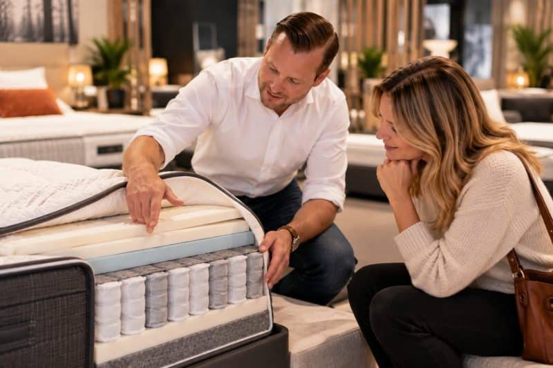 Adviseur toont een klant de pocketveren en comfortlagen in een opengewerkte matras