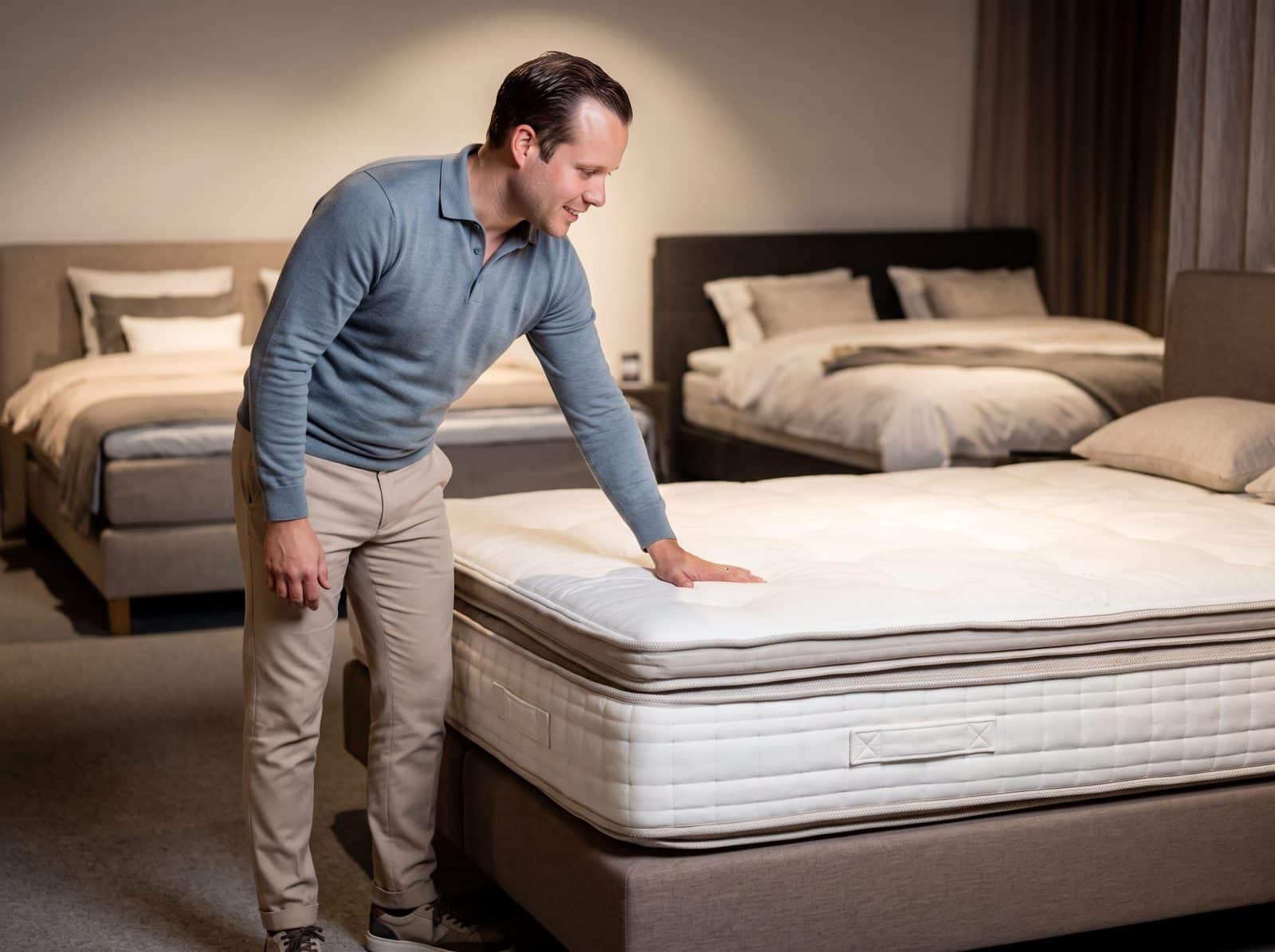 Adviseur in een blauwe trui voelt aan de bovenkant van een matras op een bed in de toonzaal