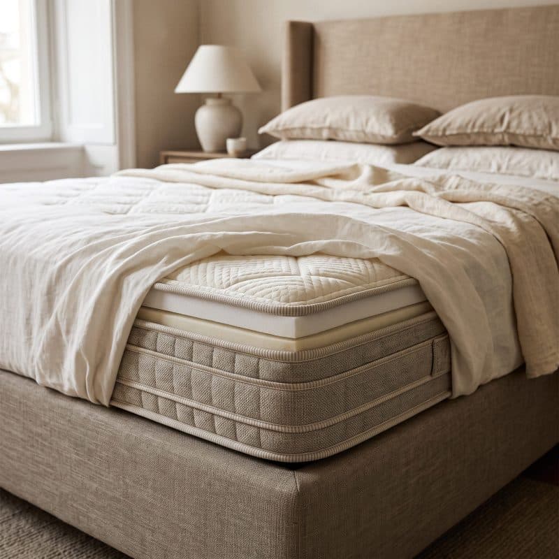 Boxspring met matras, topper en beige beddengoed in een lichte slaapkamer