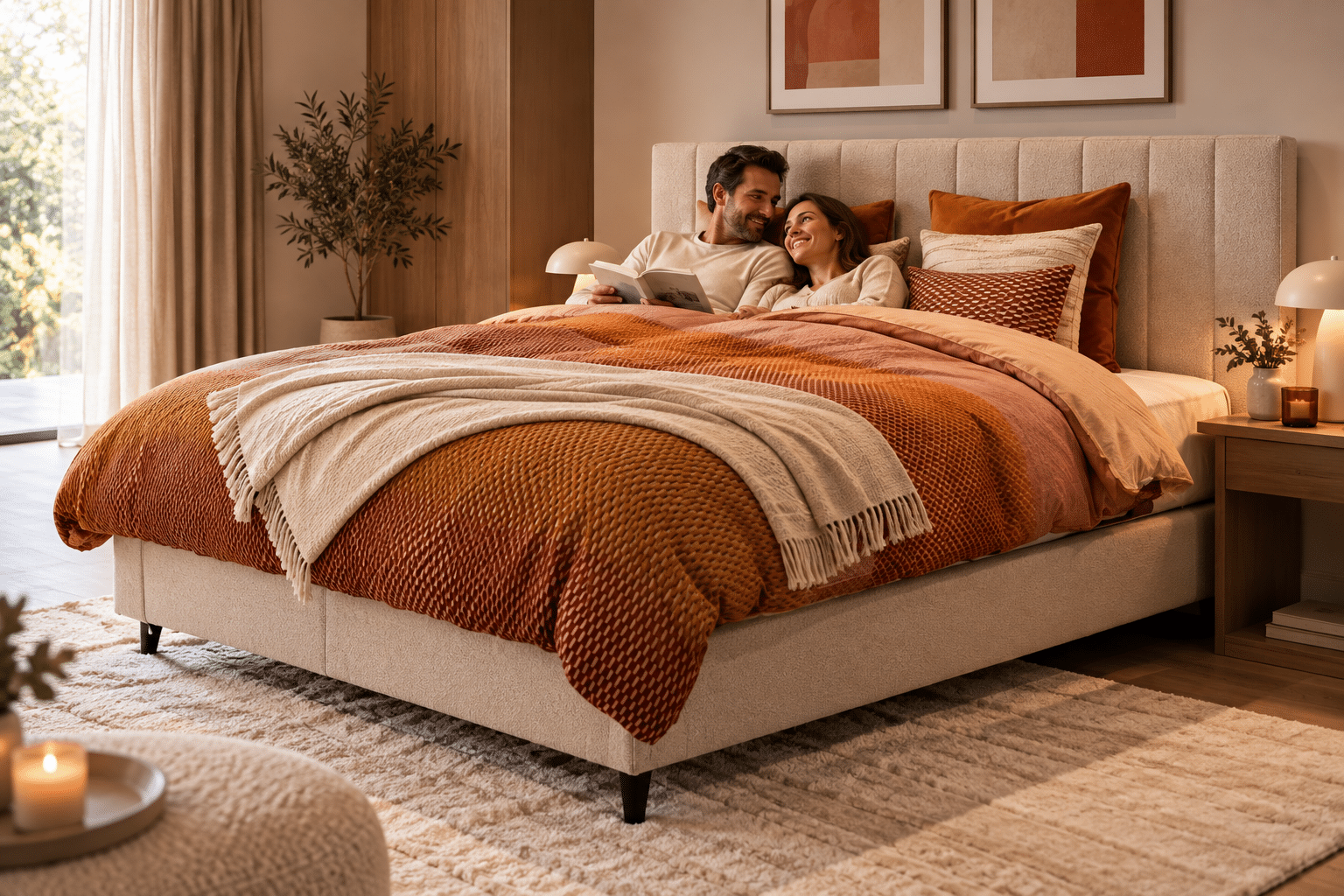 Gestoffeerd bed met een oranje geruit dekbed, een gebreide plaid en een koppel dat samen leest