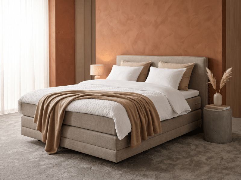 Beige boxspring met bruine plaid voor een terracotta muur