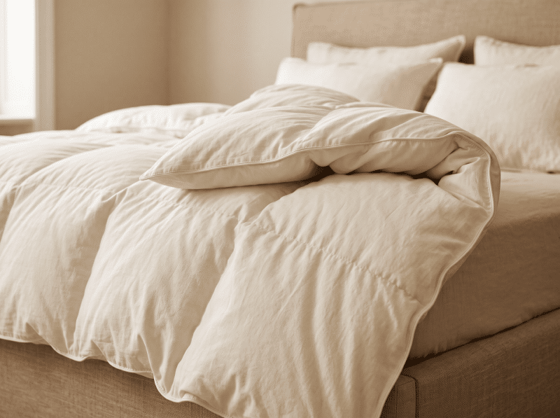 Gewatteerd crèmekleurig dekbed op een bed