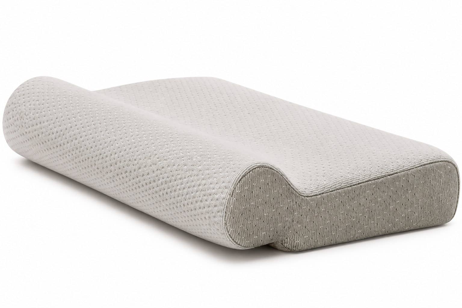 Grijs ergonomisch hoofdkussen met een golvende vorm op een witte achtergrond