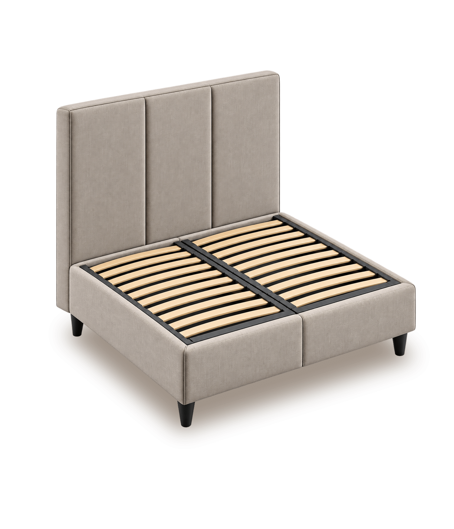 Beige gestoffeerd bedframe met hoog hoofdbord en lattenbodem op een grijze achtergrond