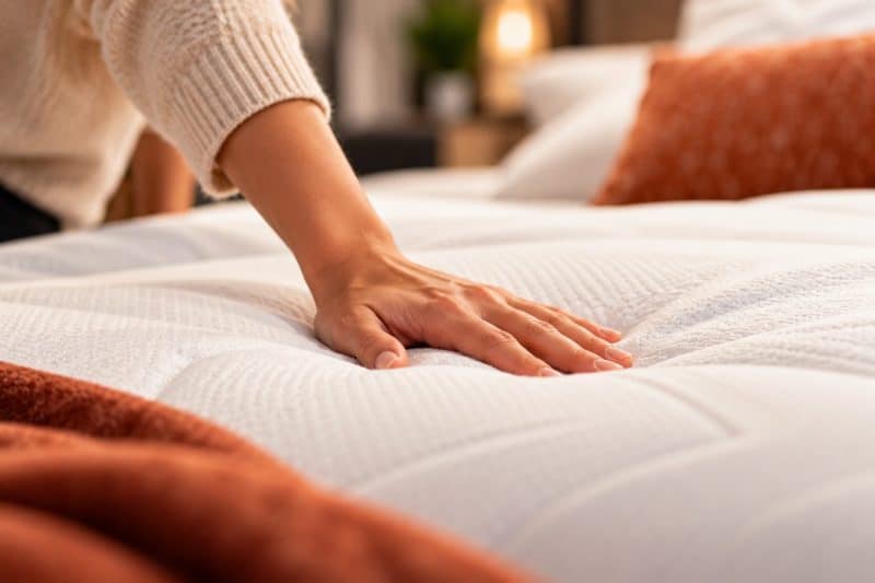 Hand drukt op het oppervlak van een witte matras met oranje kussen op de achtergrond