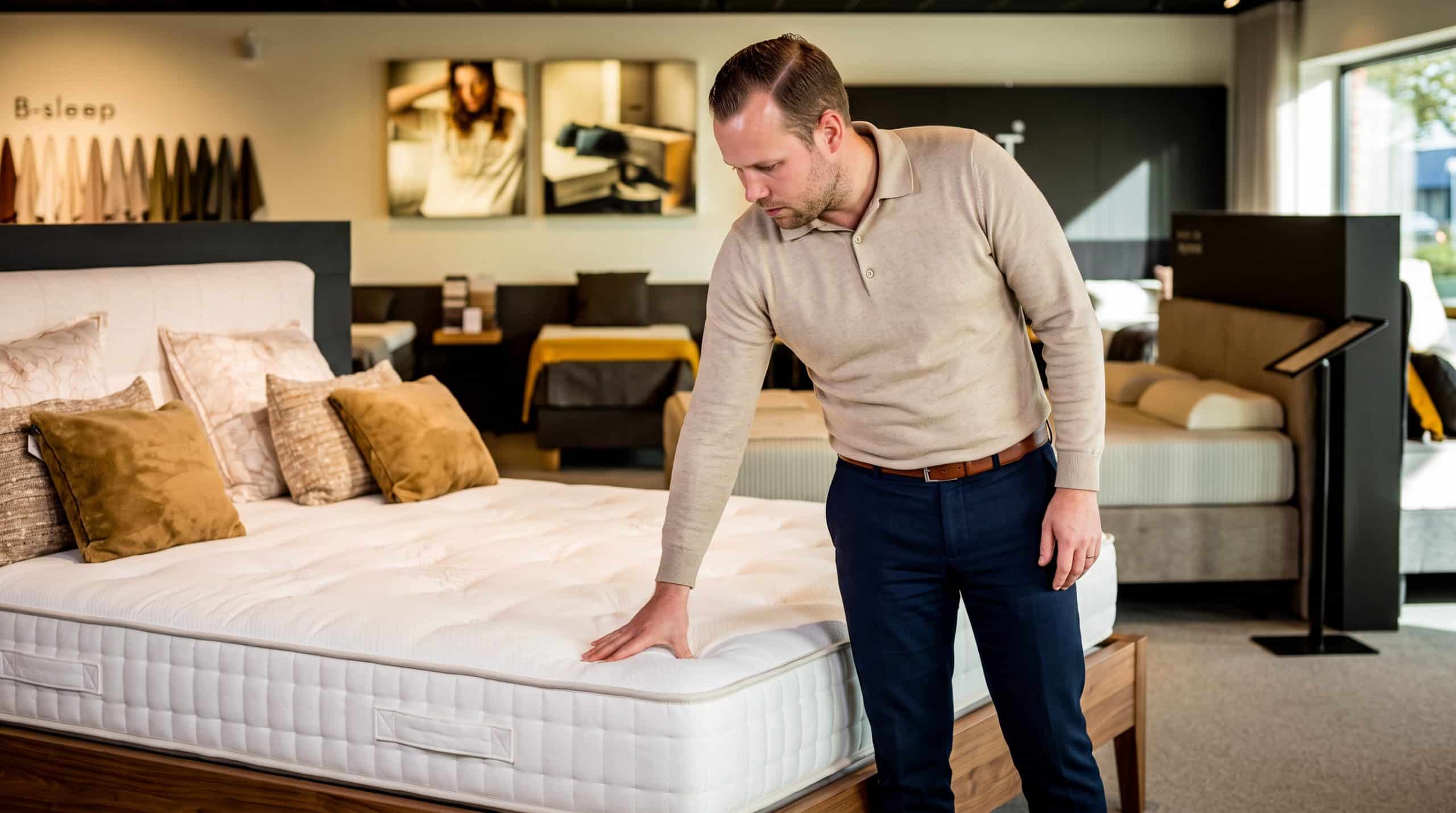Adviseur van Grisar Slaapcomfort voelt aan een witte matras in de toonzaal