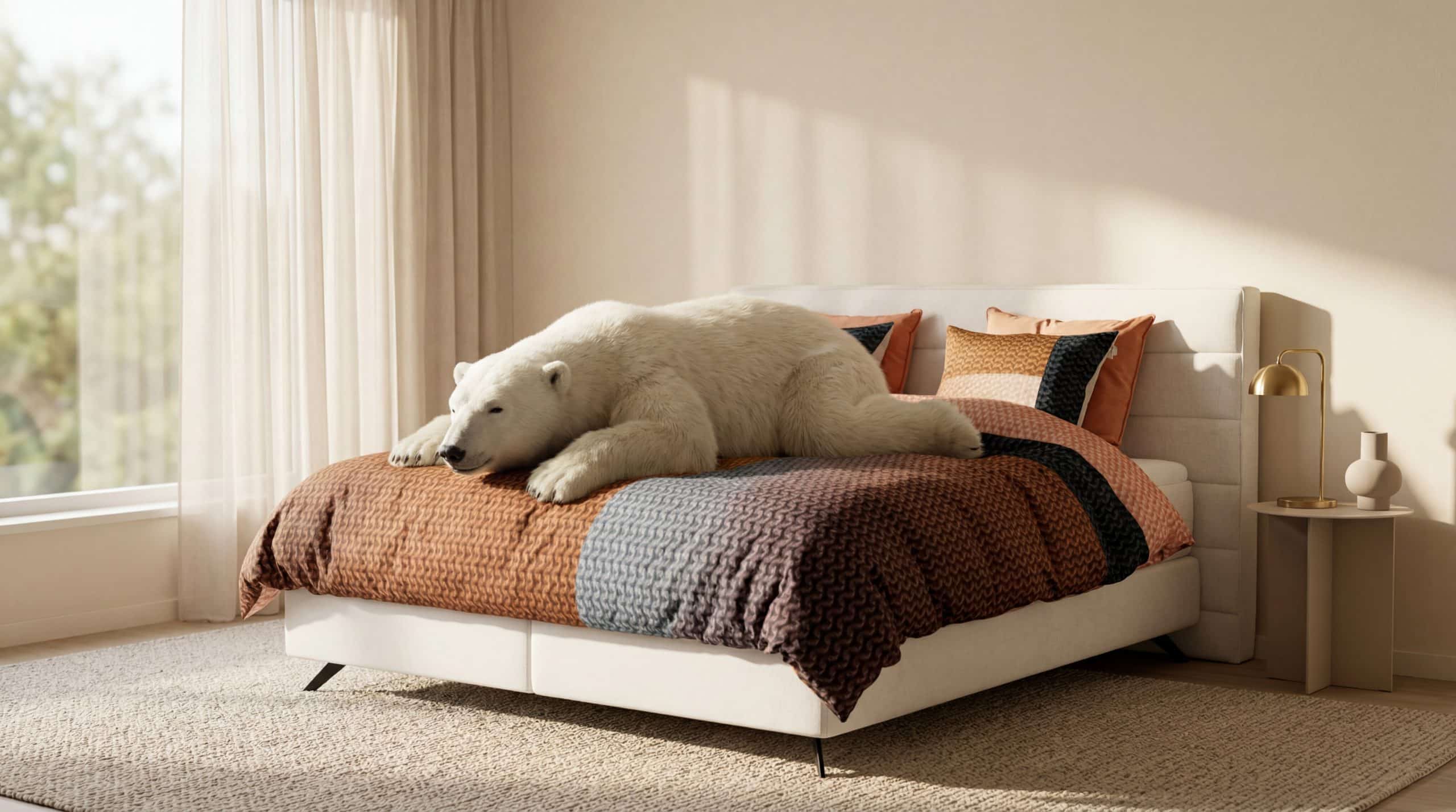 Boxspring met bruin beddengoed waarop een ijsbeer rust, in een beige slaapkamer met raam