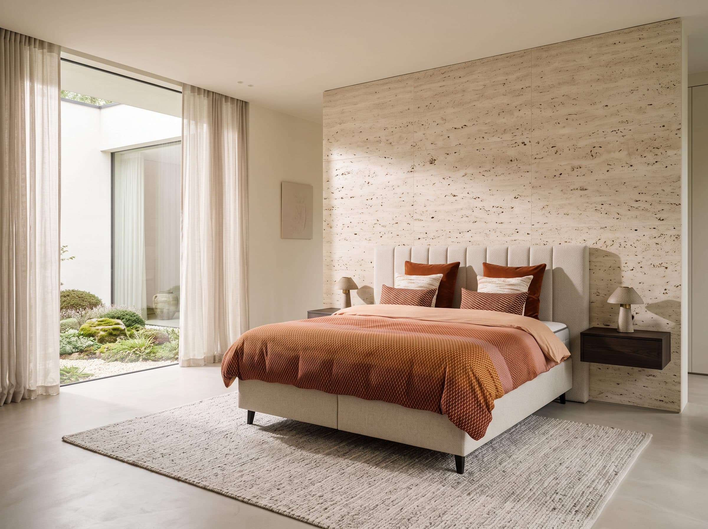 Boxspring met rood-oranje plaid voor een travertijnen wand in een lichte slaapkamer