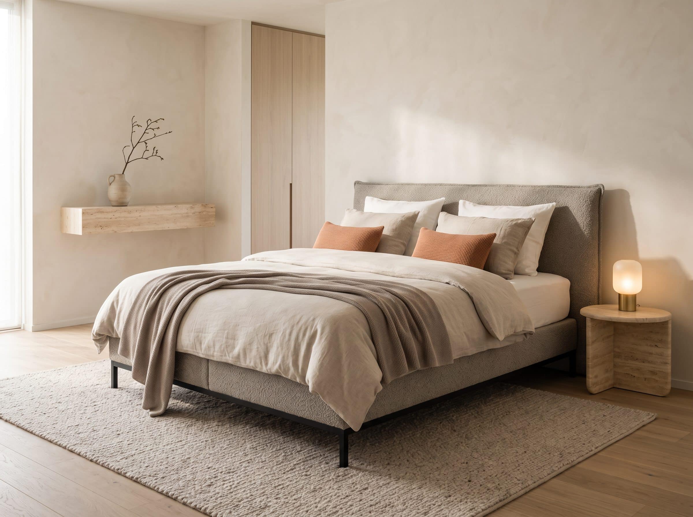 Boxspring met beige beddengoed en oranje kussens in een lichte slaapkamer