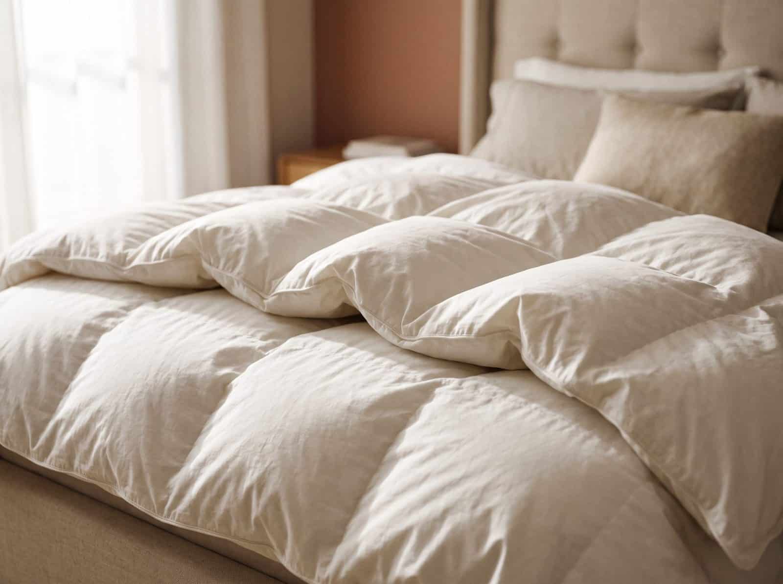 Opgemaakt bed met een dik, crèmekleurig donsdeken