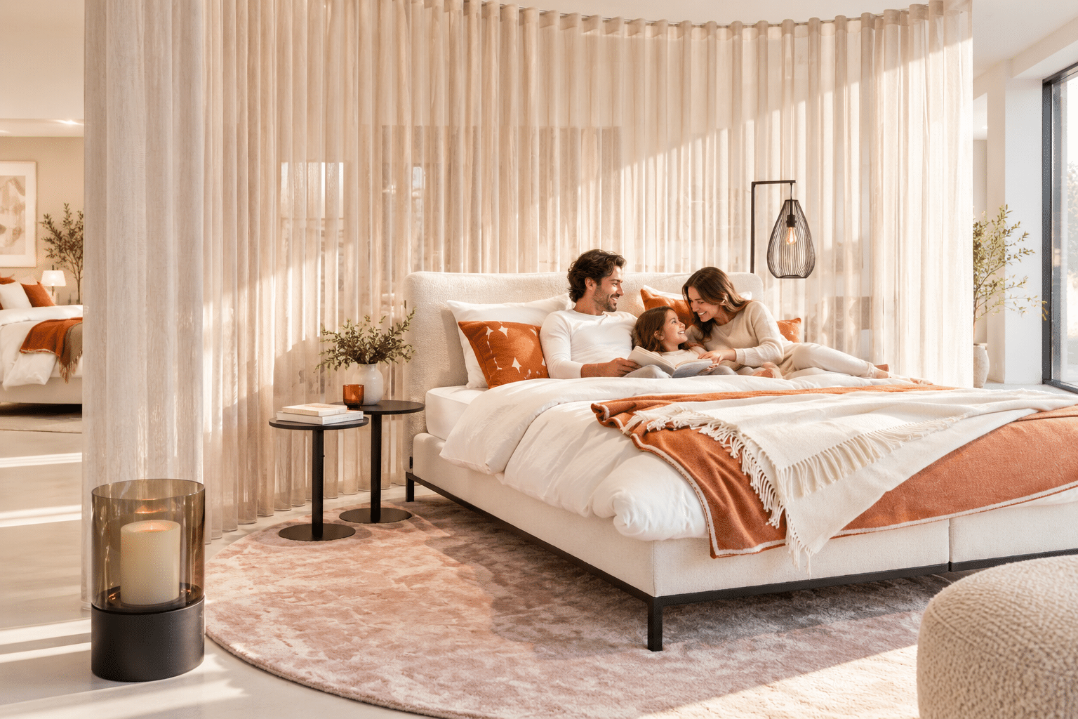 Man en vrouw zitten samen in een bed met wit beddengoed en een terracotta plaid voor een gordijn