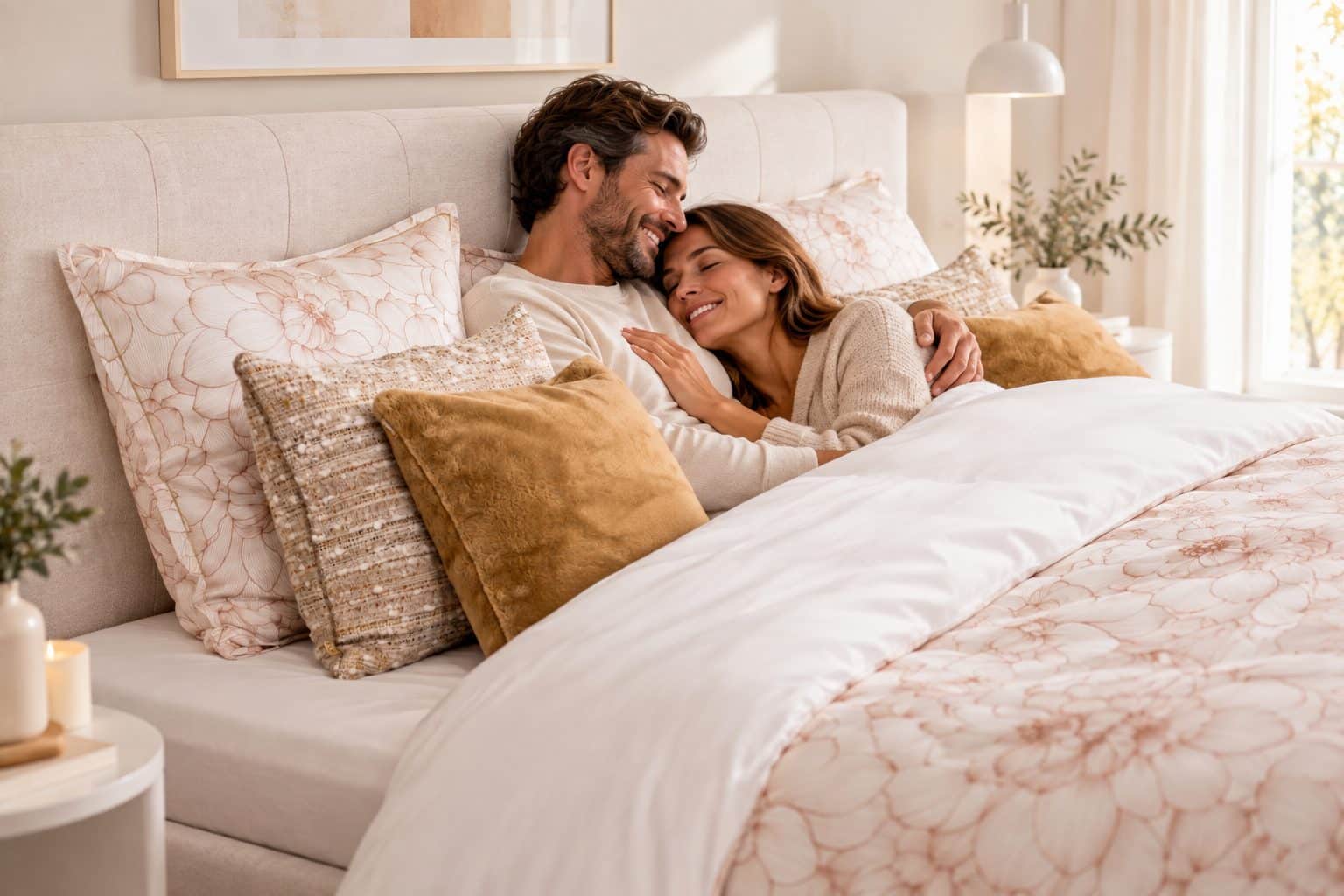 Man en vrouw knuffelen in een bed met beige en roze bloemenbeddengoed en kussens