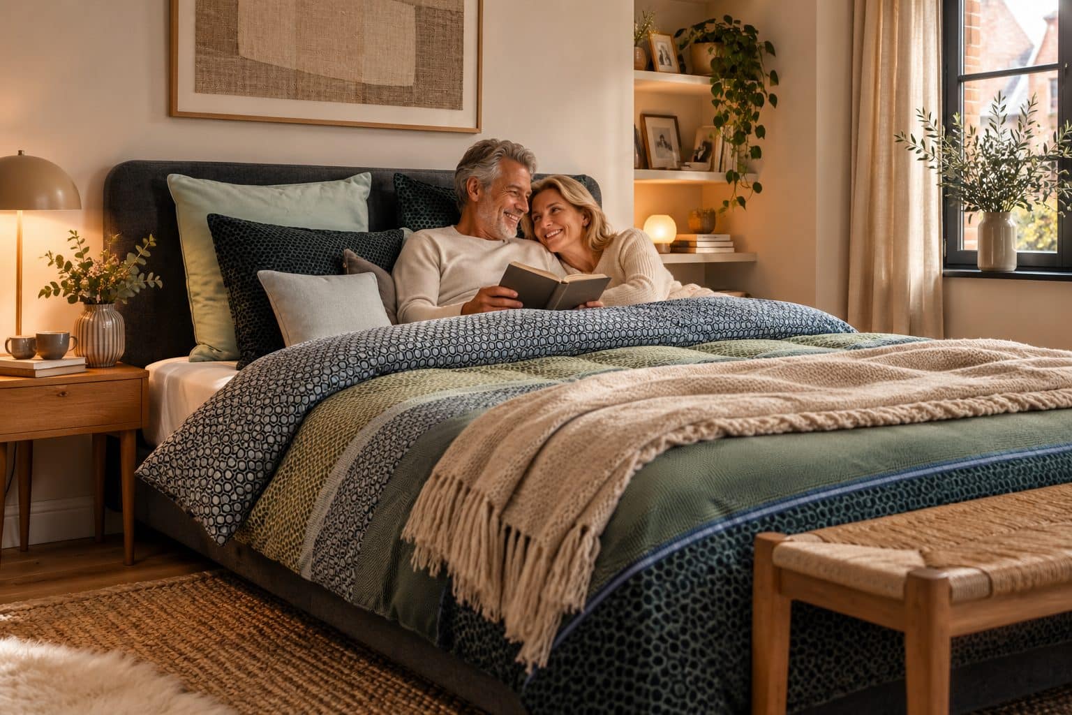 Koppel leest samen in een donker bed met een gekleurd dekbed en een plaid