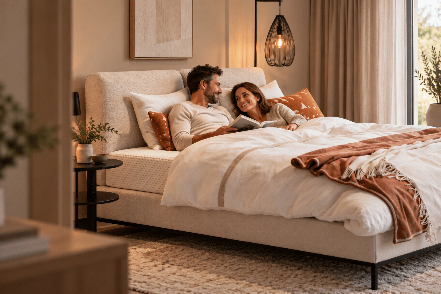 Man en vrouw lezen samen in een bed met wit beddengoed en een terracotta plaid in een warme slaapkamer