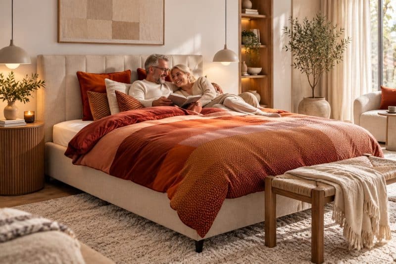 Koppel leest samen in een groot bed met rode en oranje beddengoed in een warme slaapkamer