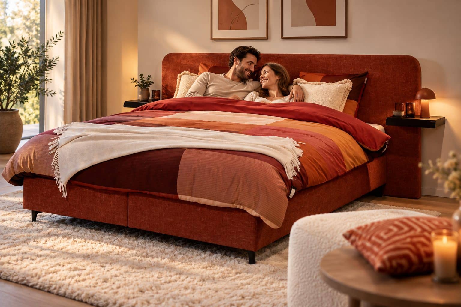 Koppel ligt ontspannen in een bed met een rood en bruin dekbed en een rode boxspring
