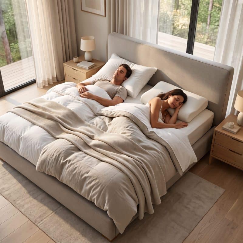 Koppel slaapt op hun eigen kant van een groot bed met beige beddengoed, gezien van boven