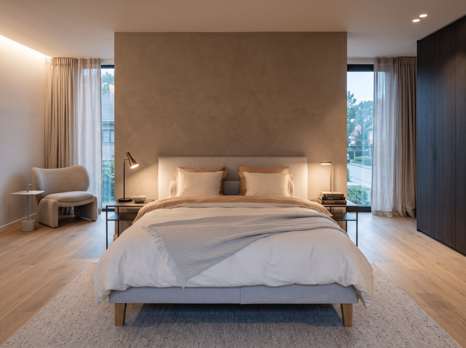 Gestoffeerde boxspring met beige beddengoed en een grijze plaid in een slaapkamer met houten vloer en grote ramen