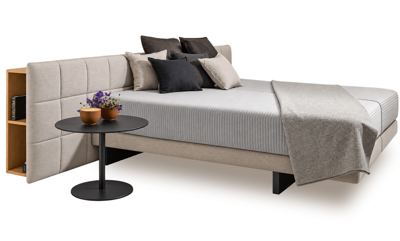 Kreamat Sparta bed met beige hoofdbord, opbergvak en een ronde bijzettafel