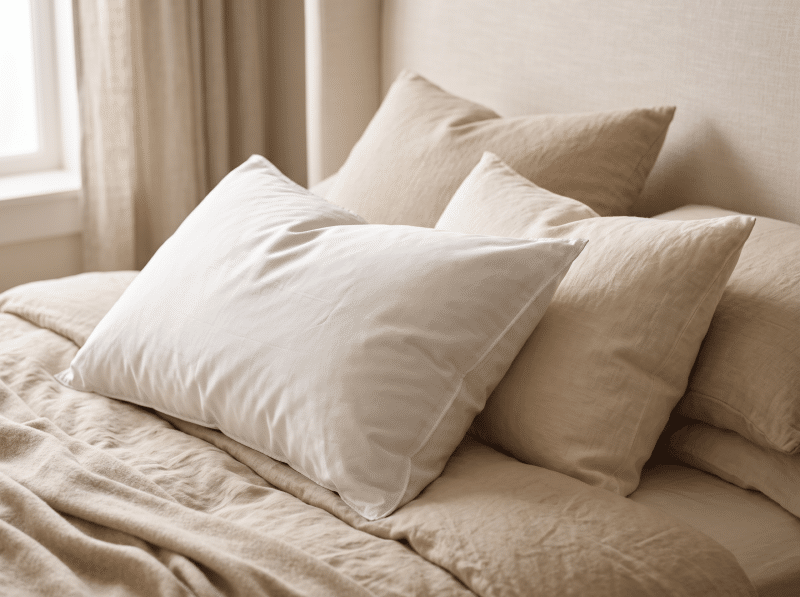 Witte en beige hoofdkussens op een opgemaakt bed