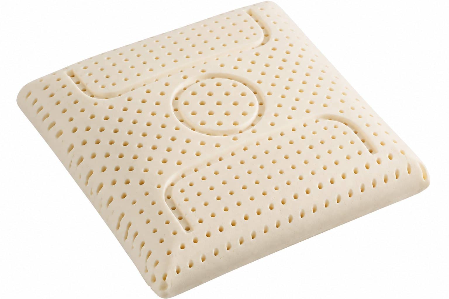 Vierkant latex kussen met ventilatiegaatjes op een witte achtergrond