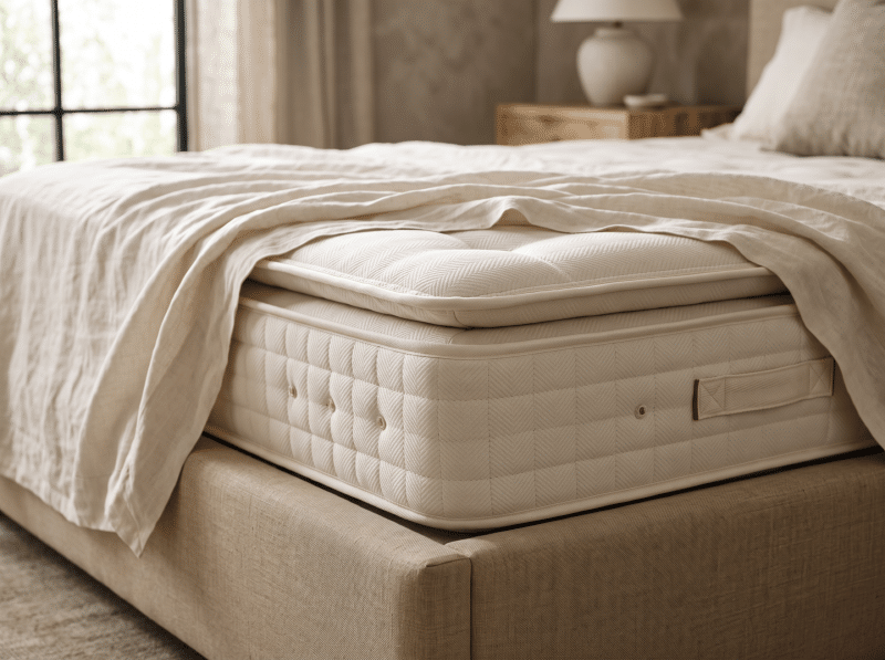 Matras met knoopsluiting op een boxspring, bedekt met een licht dekbed