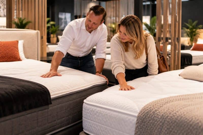 Adviseur en klant leunen over twee matrassen en voelen aan de matras in de toonzaal