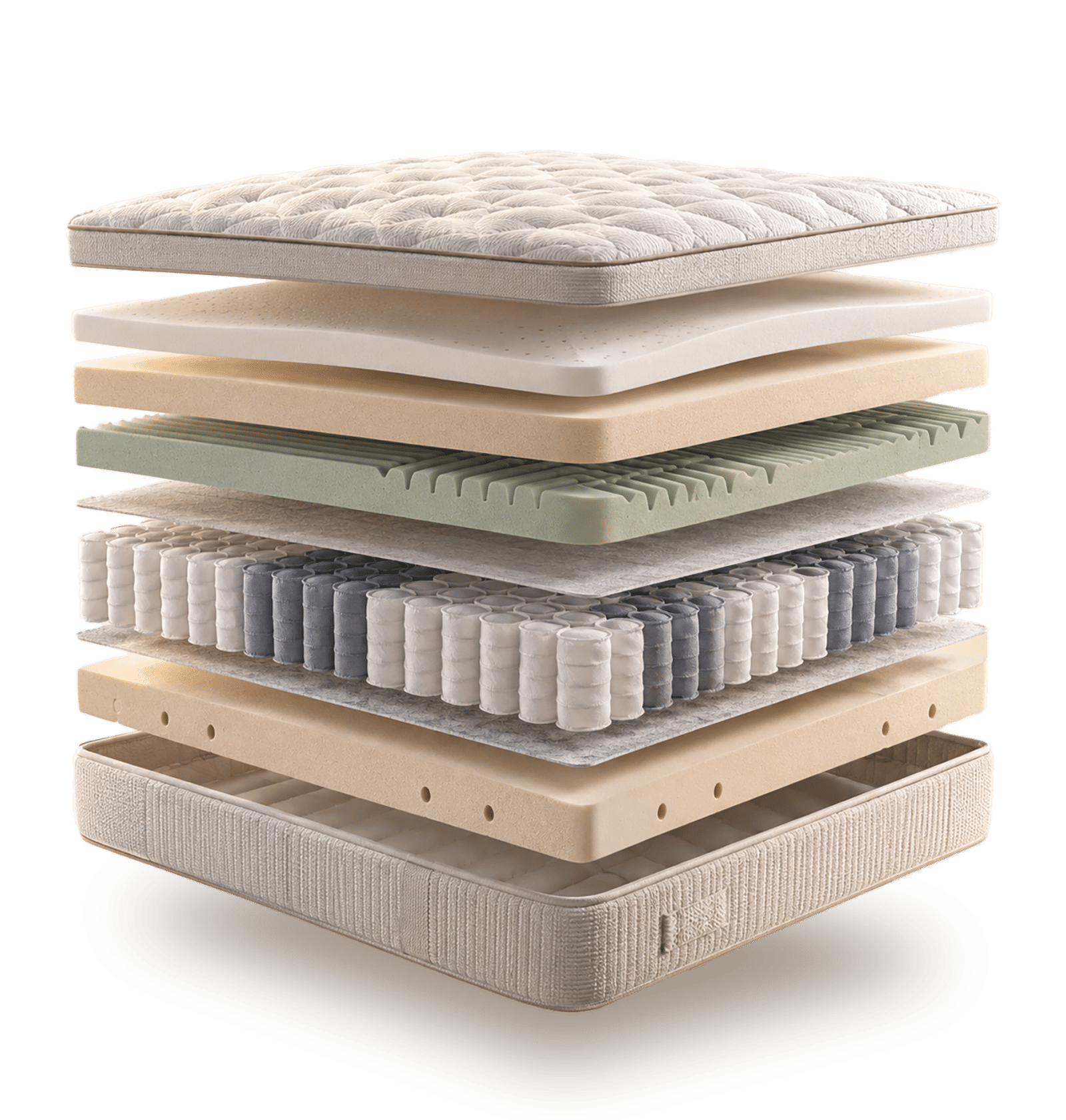 Doorsnede in lagen van een matras met pocketveren, comfortschuim en een gequilte hoes op een grijze achtergrond