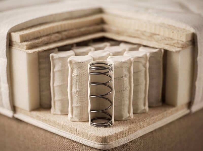 Doorsnede van een matras met pocketveren en lagen natuurlijke materialen