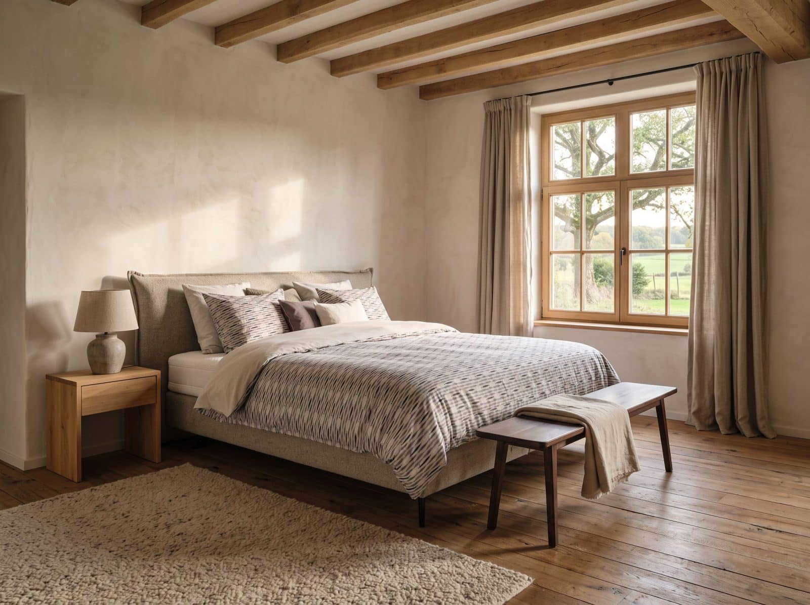 Landelijke slaapkamer met houten balken, een groot raam en een bed met grijs beddengoed