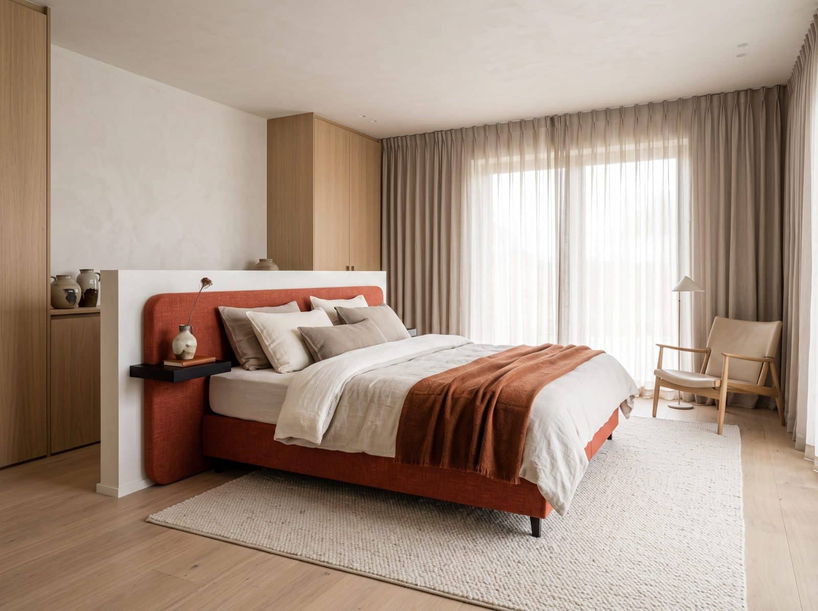 Ruime slaapkamer met een rood hoofdbord, beige beddengoed en gordijnen voor een groot raam