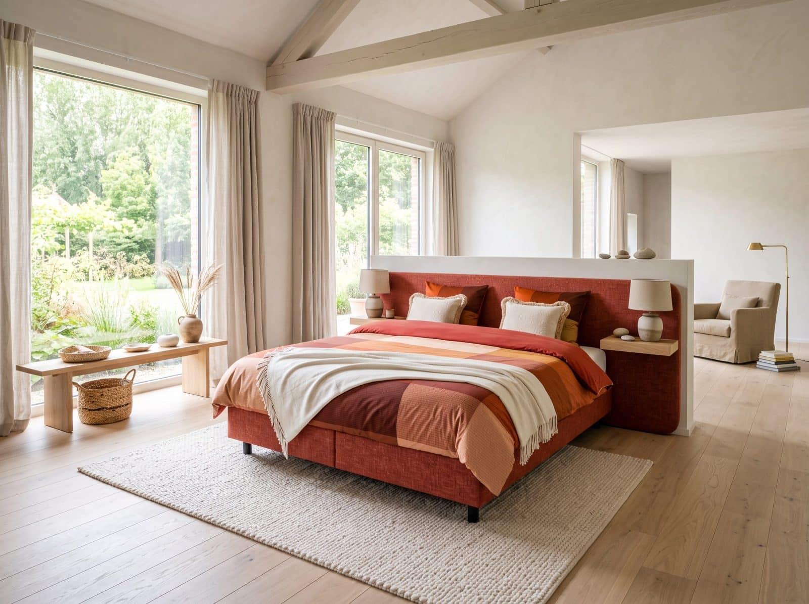 Slaapkamer met een rood hoofdbord, grote ramen en uitzicht op een tuin