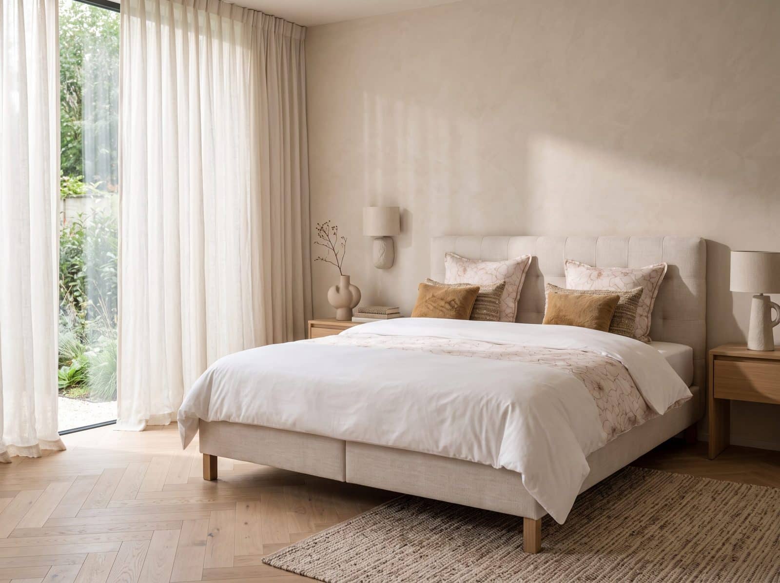 Lichte slaapkamer met een bed met wit beddengoed en twee houten nachtkasten