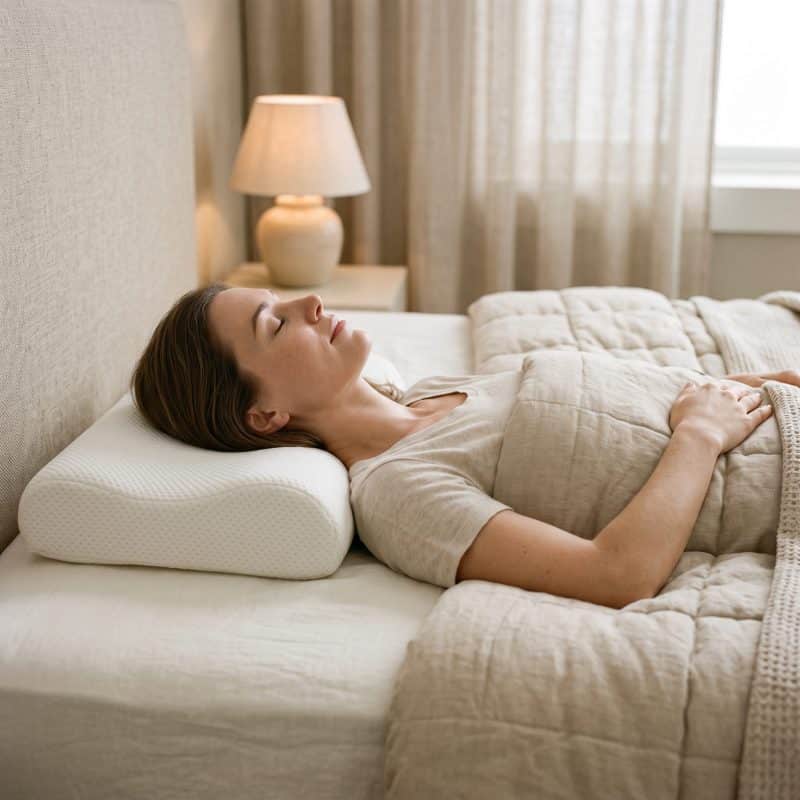 Vrouw ligt rustig op haar rug met een ergonomisch nekkussen in een lichte slaapkamer