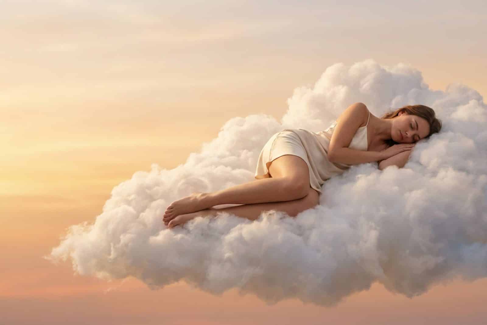 Vrouw slaapt op een grote wolk in een gouden lucht bij zonsondergang