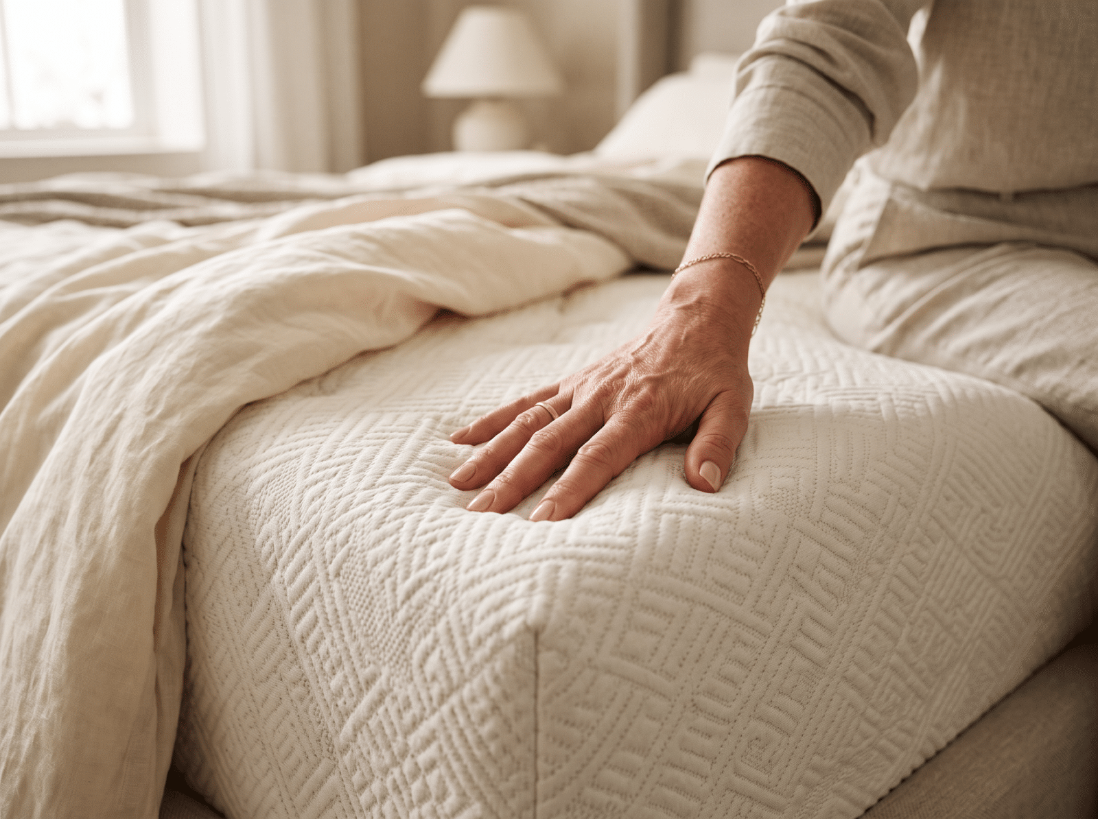 Hand die de stevigheid van een matras test