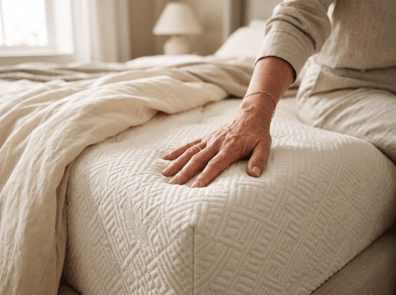 Hand die de stevigheid van een matras test